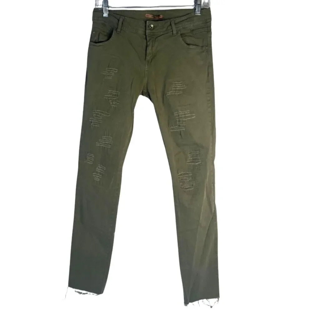 Pull & Bear Green Scraped Destructed Raw Hem Skinny‎ Pants Size 28/29